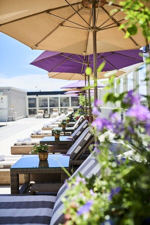 Outdoor pool, a heated pool, pool umbrellas, sun loungers