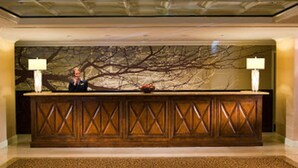 A reception desk with a wooden design, two lamps, and a wall mural.
