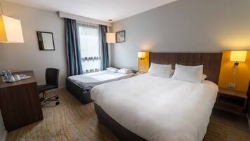 Desk, laptop workspace, blackout drapes, soundproofing