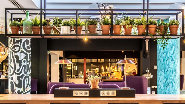 Un restaurante con zona de bar, asientos morados y plantas en macetas sobre la barra.