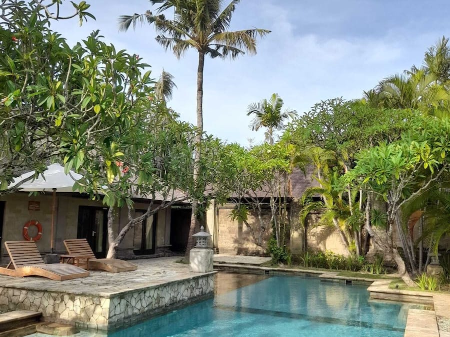 Outdoor pool, pool umbrellas, pool loungers