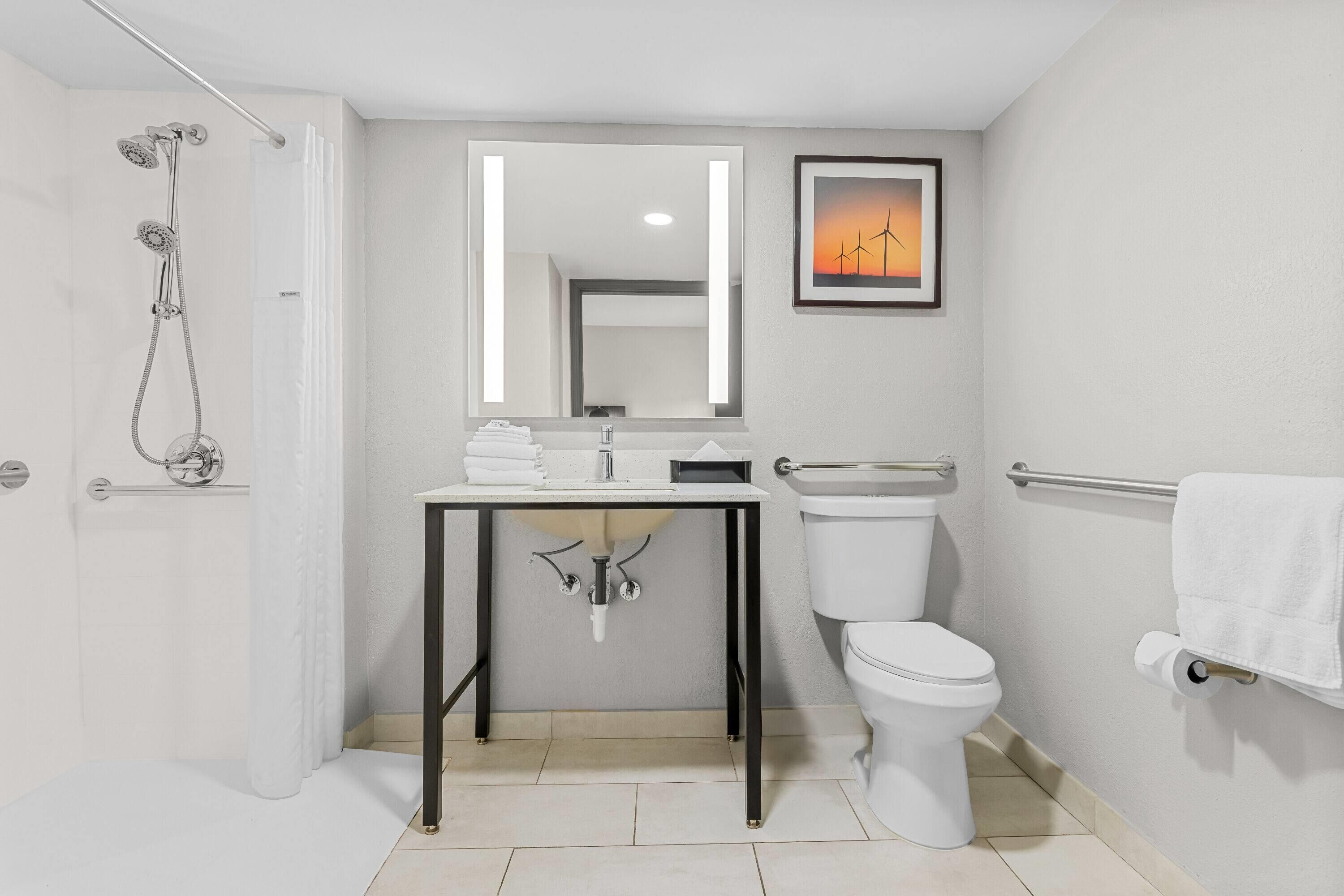 A modern bathroom with a shower, toilet, sink, and a framed picture on the wall.