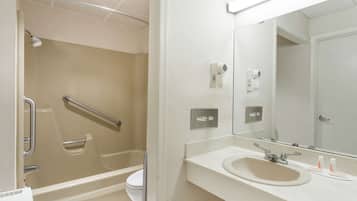 Combined shower/tub, eco-friendly toiletries, hair dryer, towels