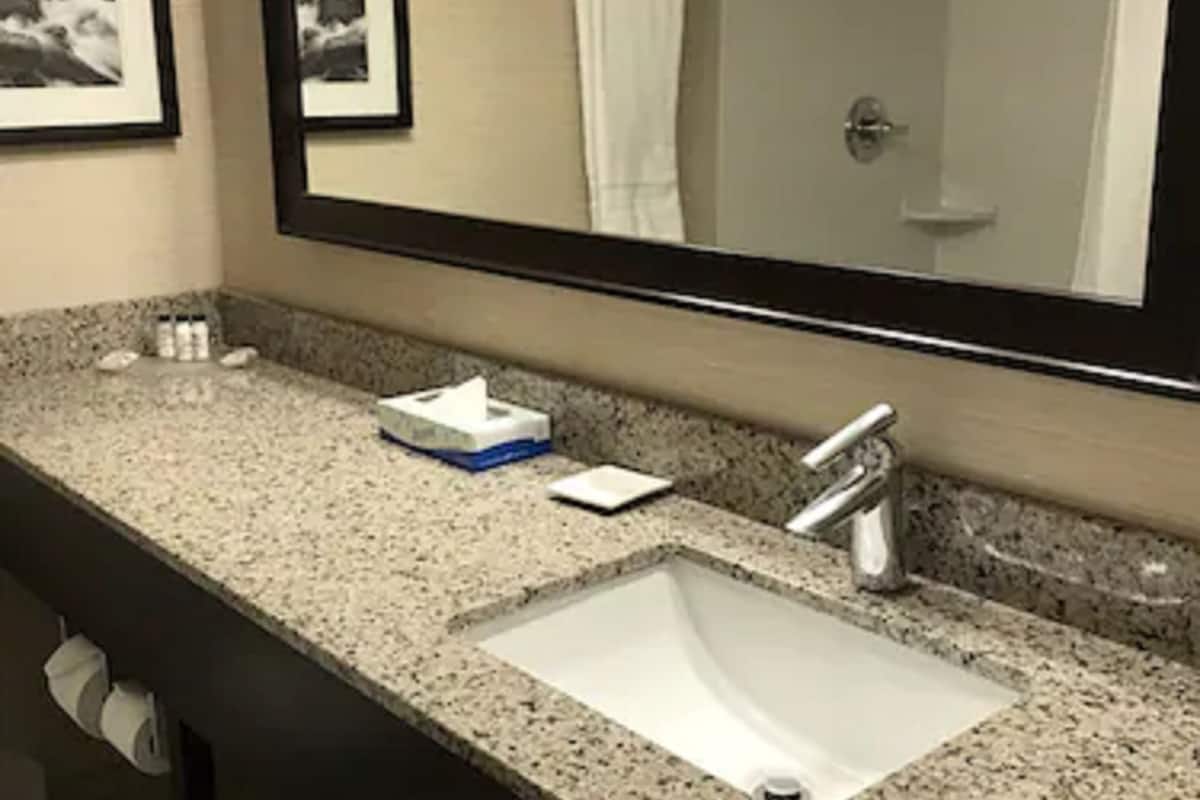 rainfall showerhead, free toiletries, hair dryer, heated floors