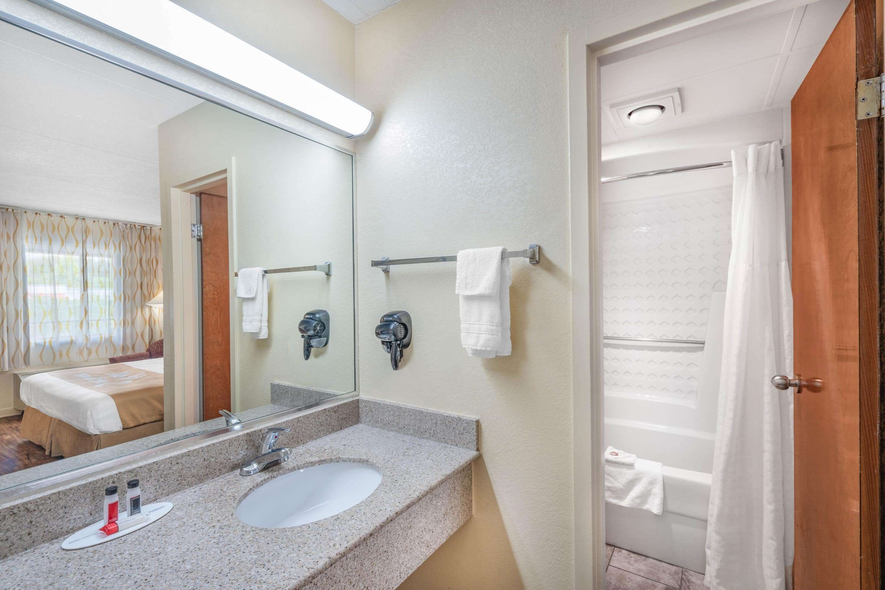 Un bagno con lavandino, specchio, porta asciugamani e tenda della doccia.