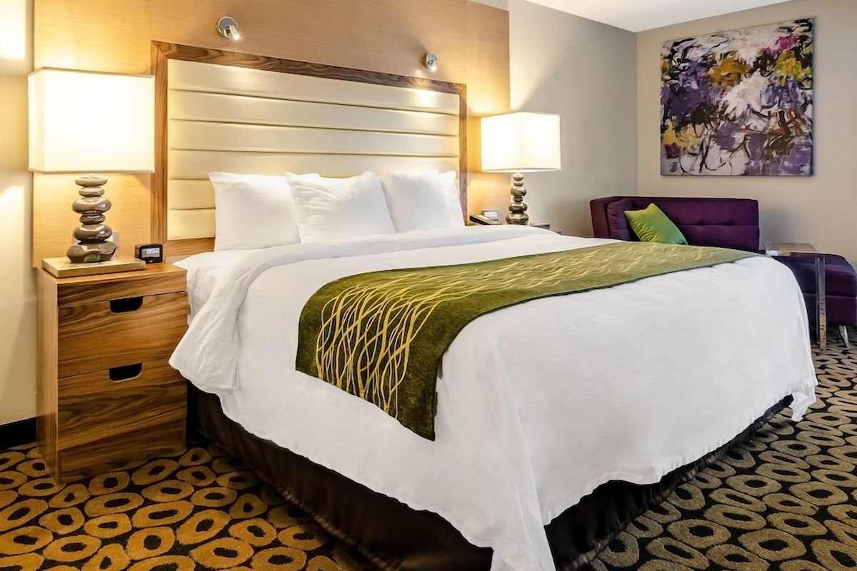 A hotel room with a large bed, two bedside tables, a headboard, a wall-mounted lamp, a painting, and a patterned carpet.