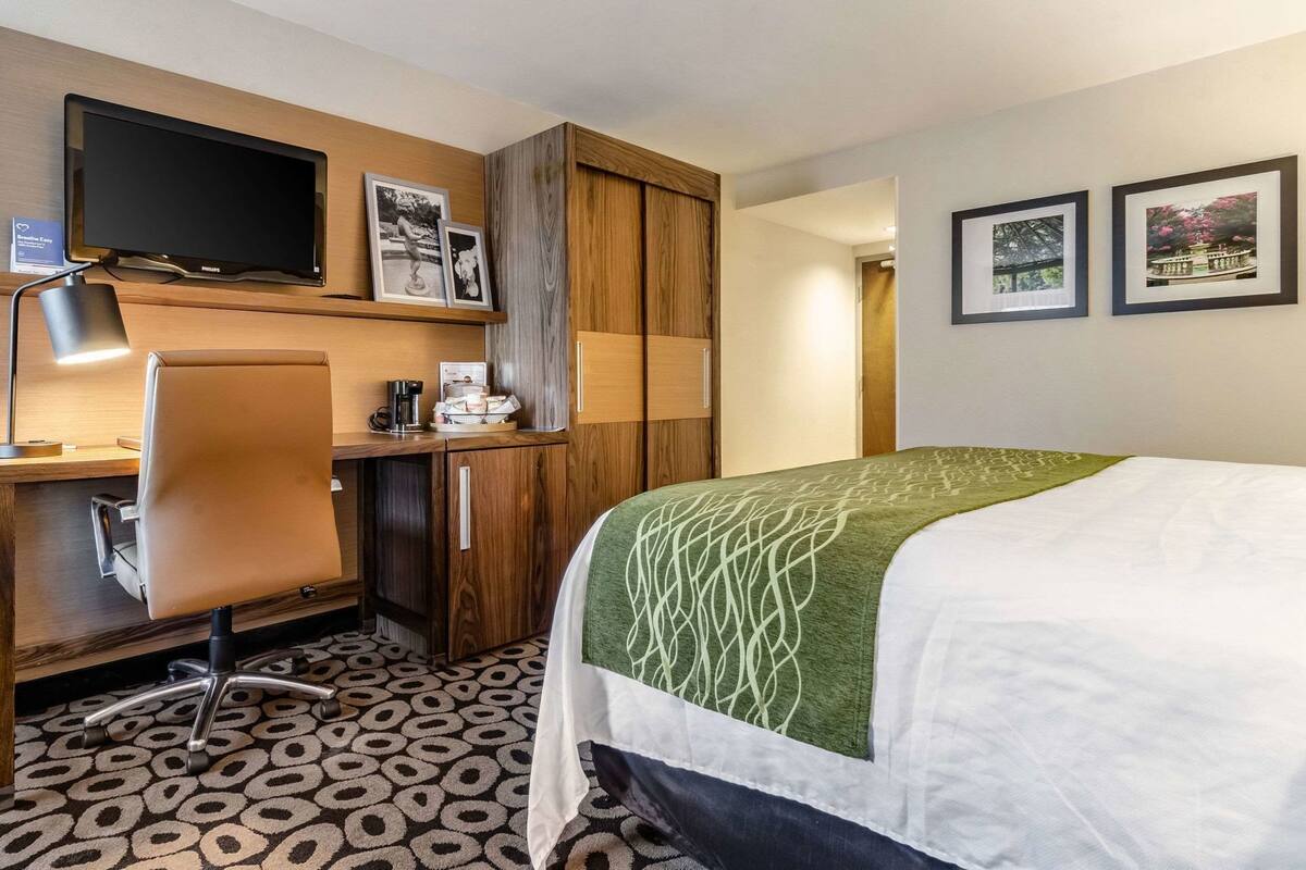 Premium bedding, desk, laptop workspace, blackout drapes