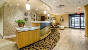 A reception area with a wooden reception desk, a potted plant, and a patterned carpet.