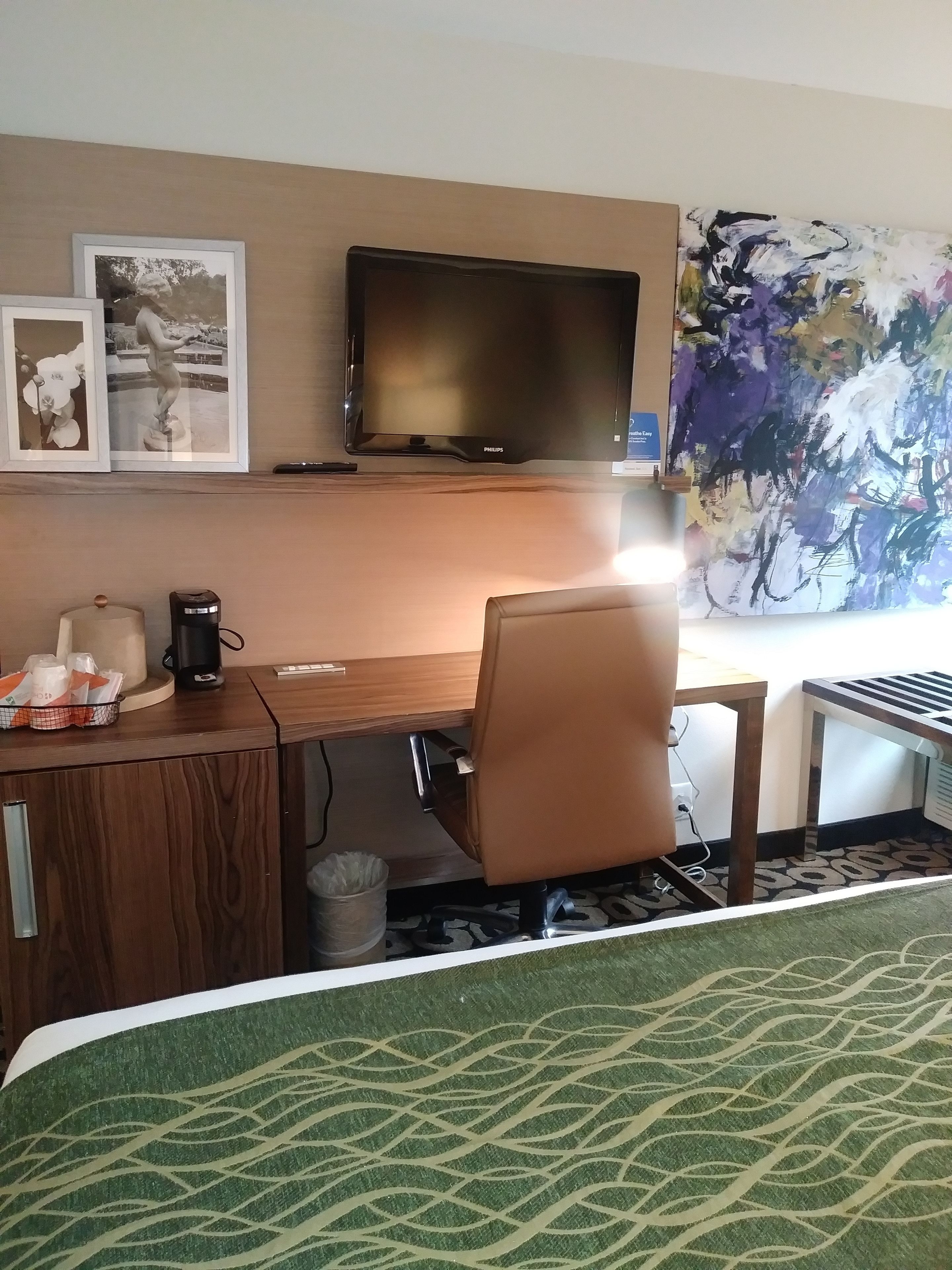 Una habitación de hotel con una cama, un escritorio con computadora, televisión y un cuadro en la pared.