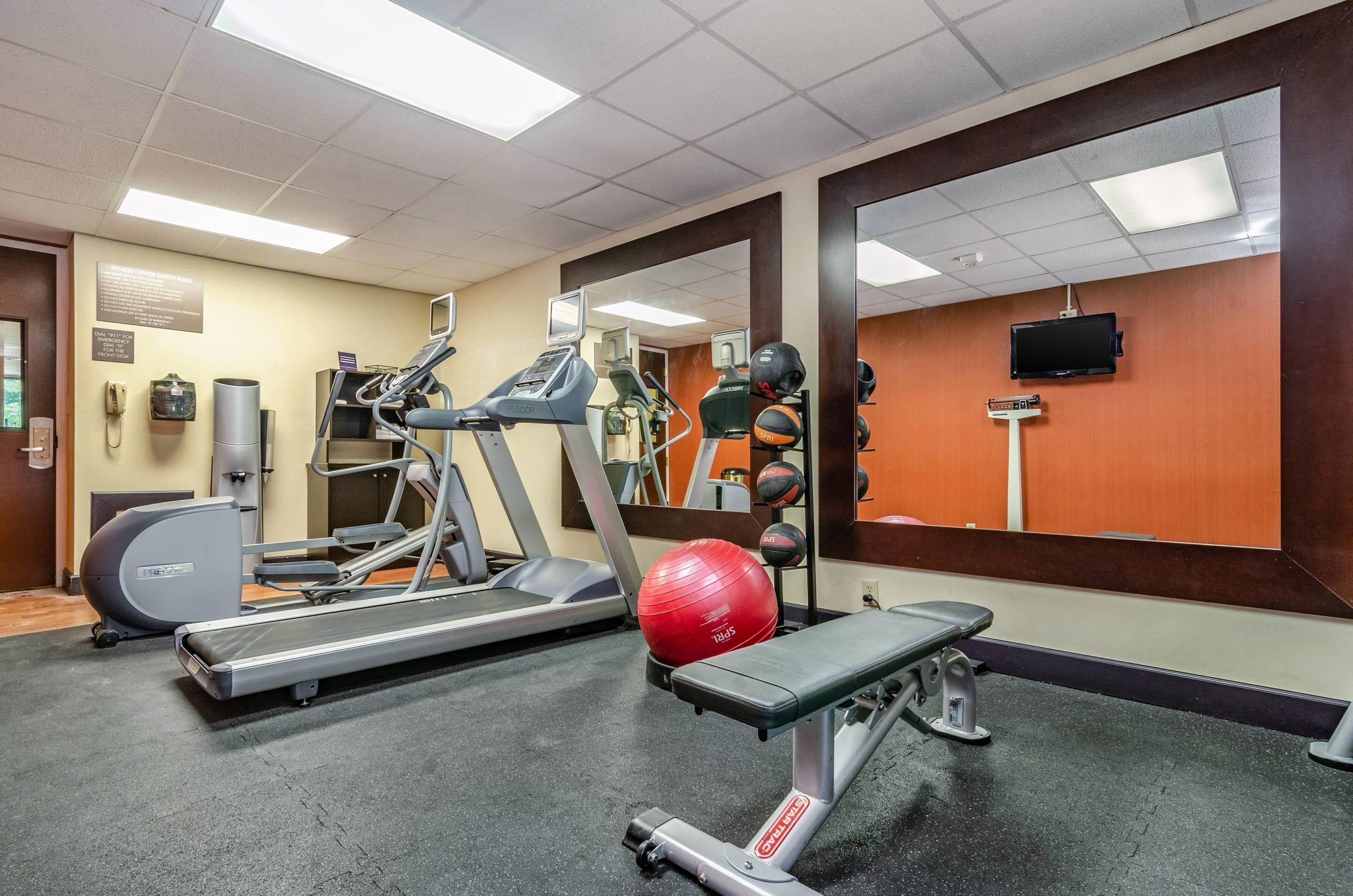 A gym with treadmills, a stationary bike, a bench, and exercise balls.