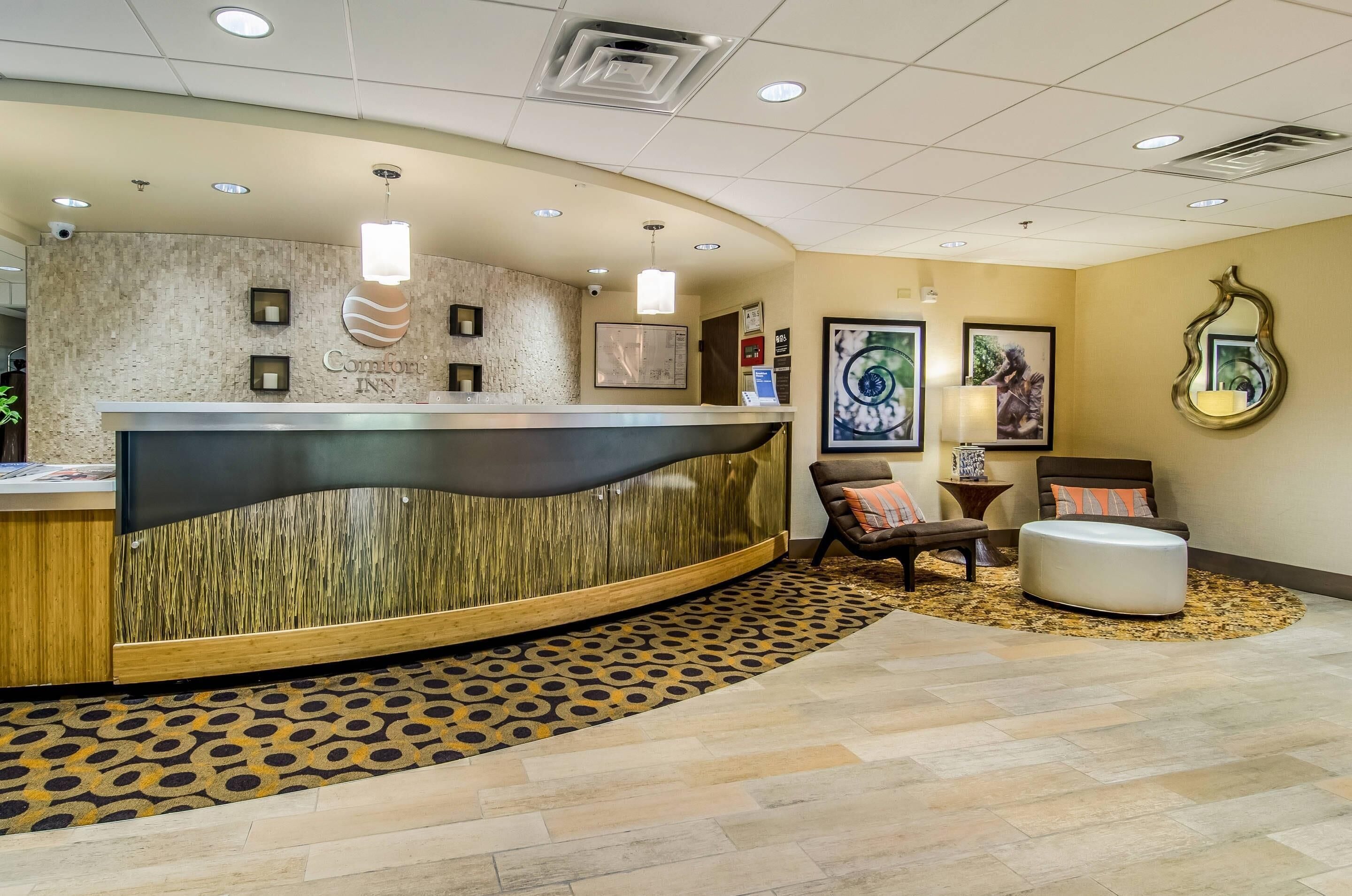 A hotel reception area with a curved reception desk, framed artwork on the walls, and a seating area with a patterned rug.