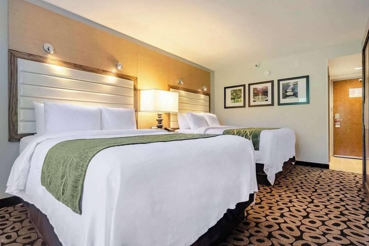 A hotel room with two beds, a patterned carpet, and a wooden headboard.
