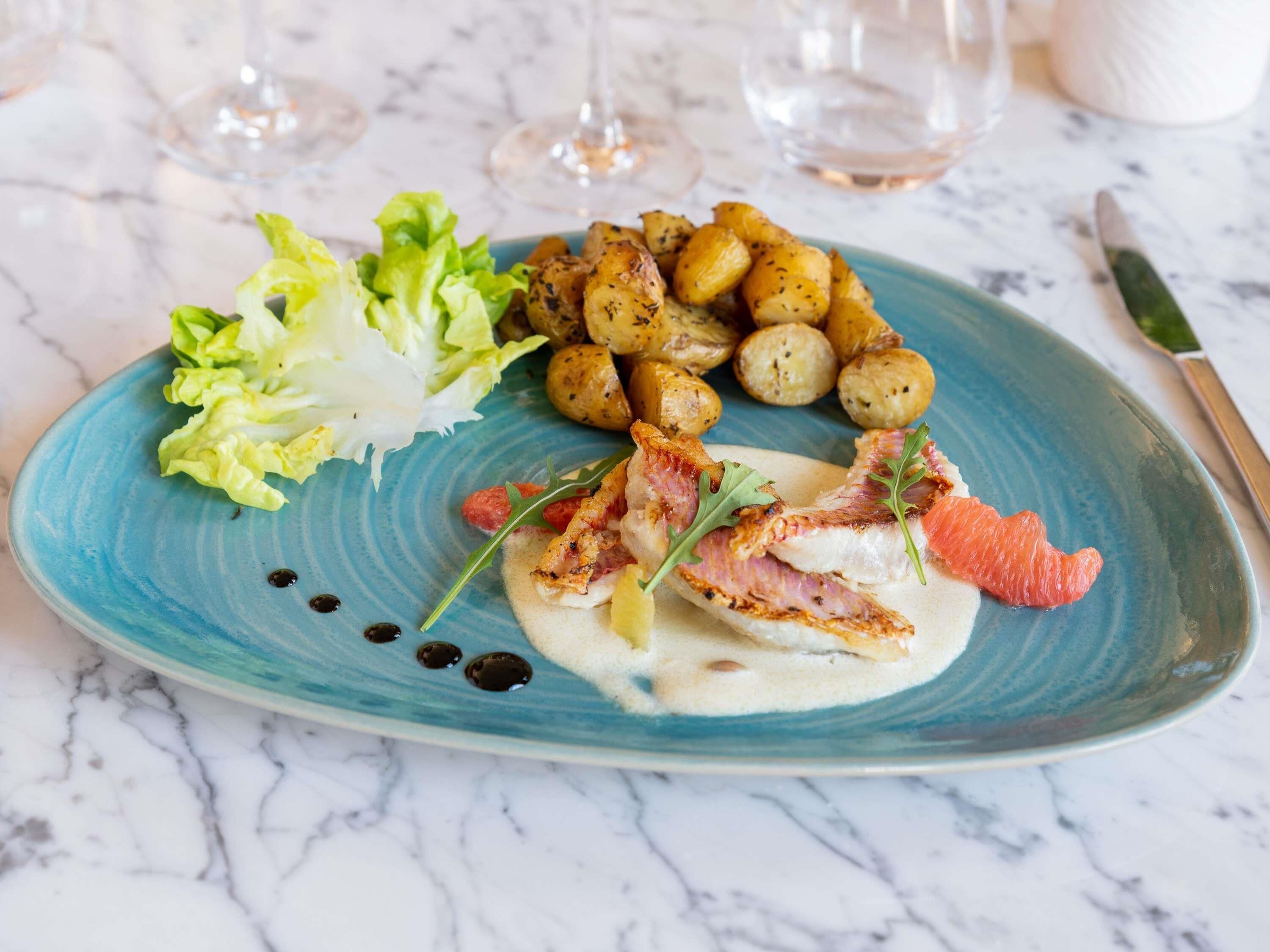 A plate with grilled fish, roasted potatoes, and a side salad on a blue plate.