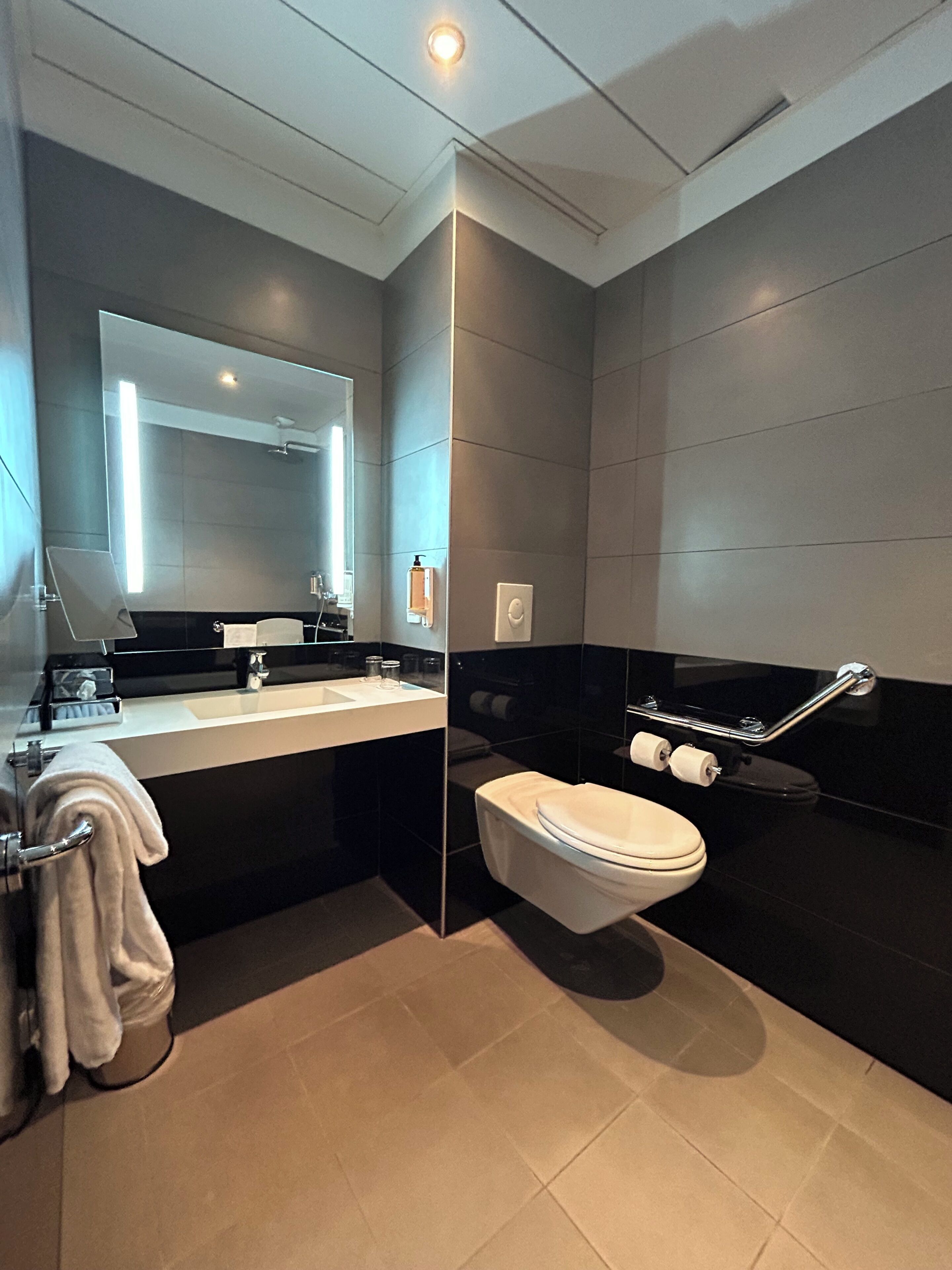 Un baño moderno con inodoro, lavamanos y espejo.