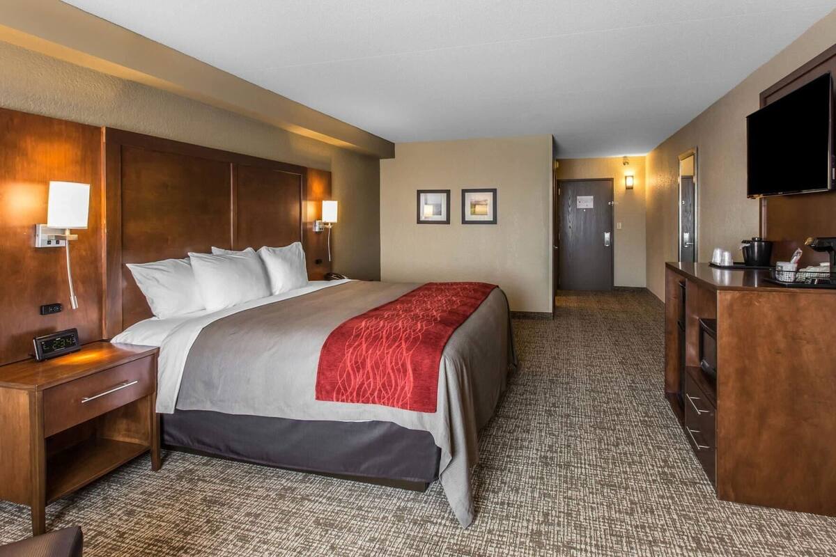 Una habitación de hotel con cama, mesitas de noche, escritorio, televisor y puerta.