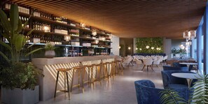 A modern bar area with a wooden ceiling, bar stools, and a variety of bottles. - NH Sintra Centro (Sintra)