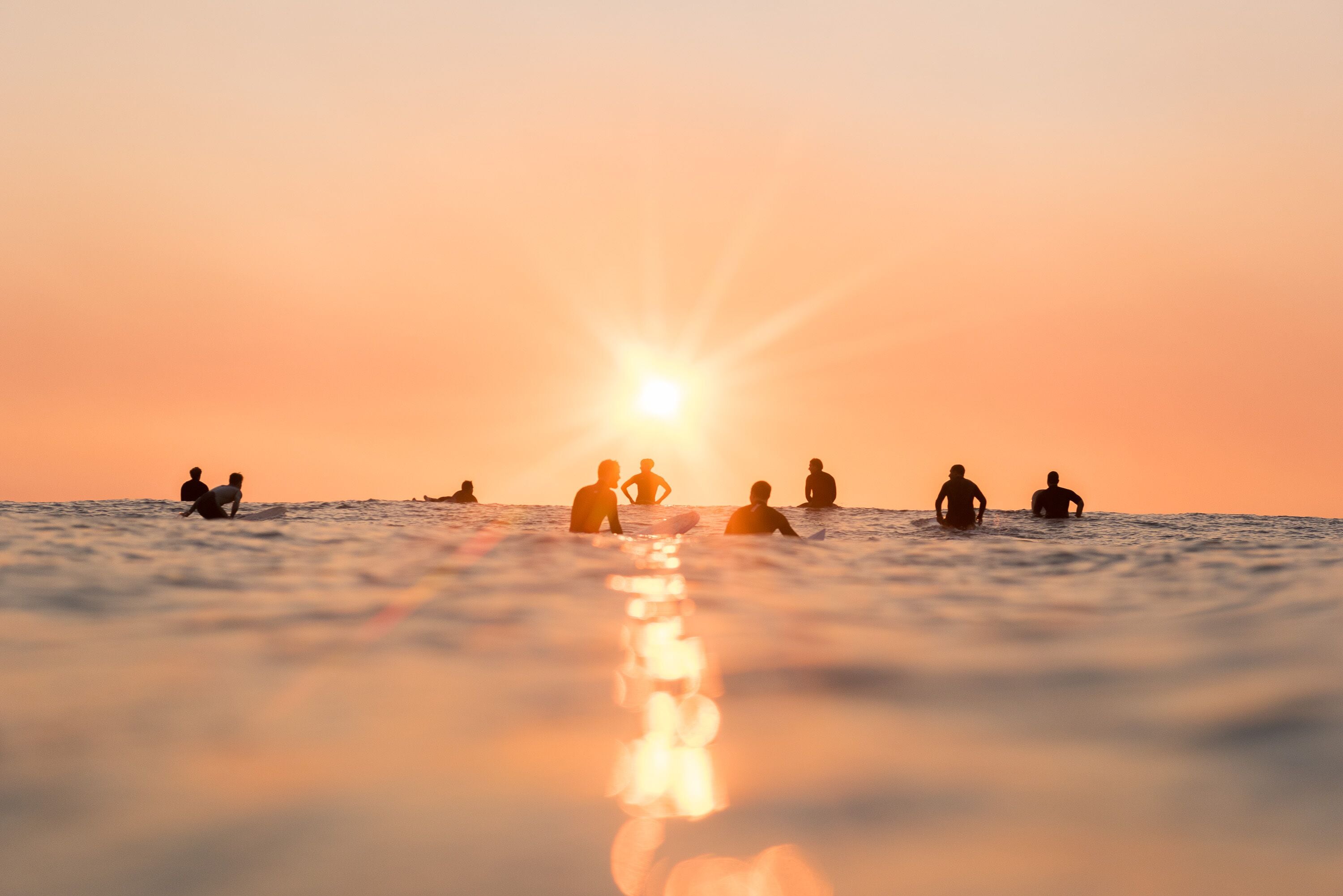 A sunset over the ocean with silhouettes of people and a dog on the beach.