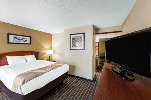 A hotel room with a large bed, a flat-screen TV, and two framed artworks on the walls.