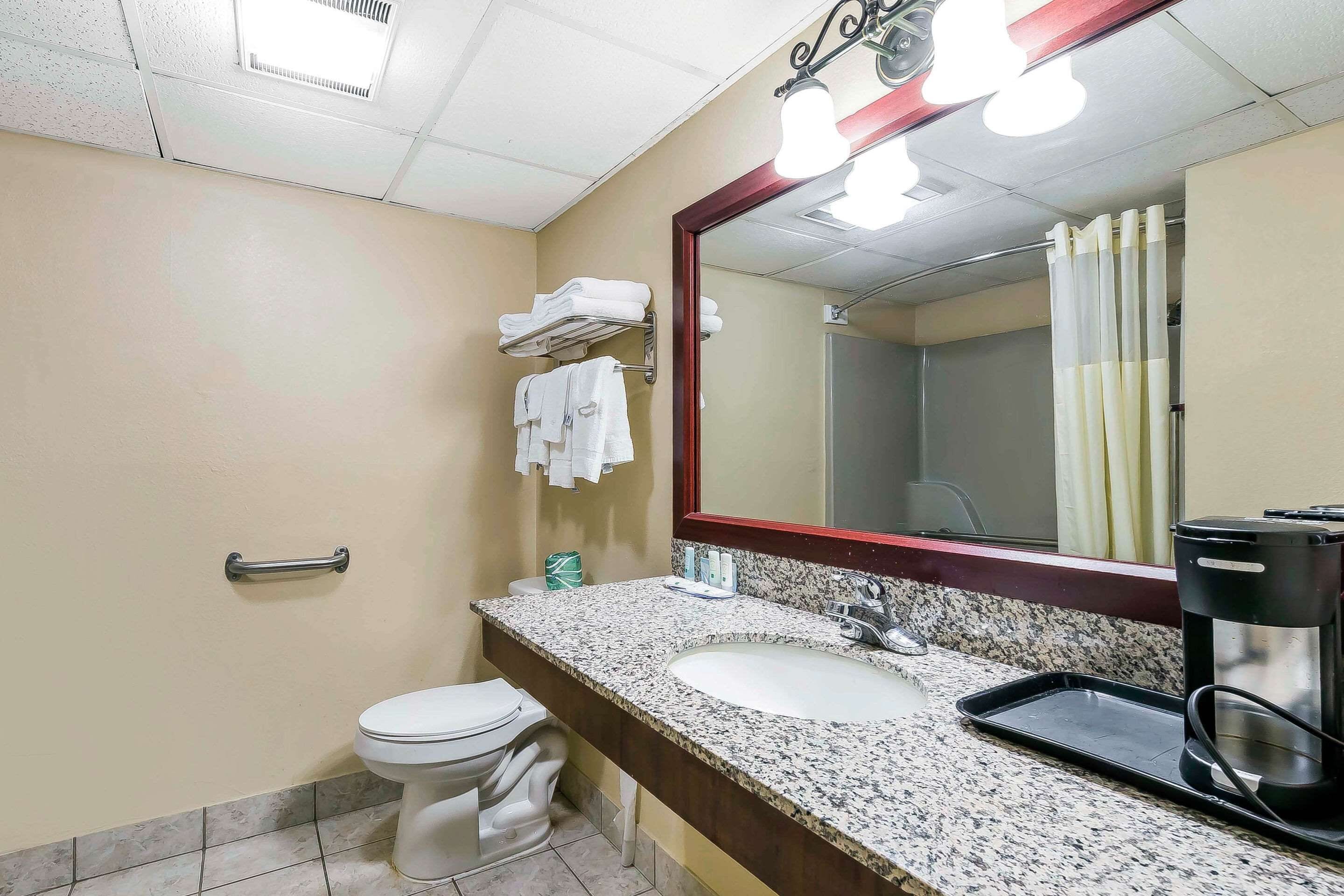 Une salle de bain avec un lavabo, un miroir et des toilettes.