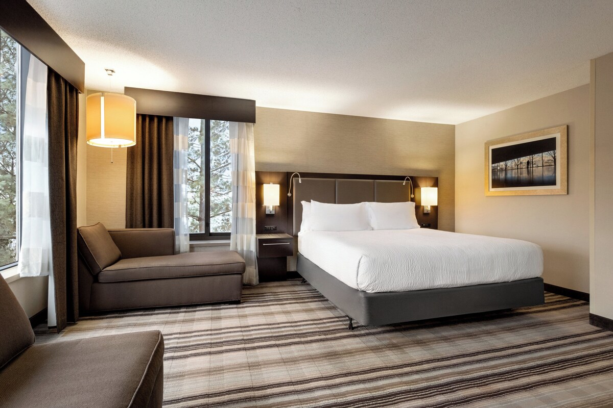 A hotel room with a large bed, a sofa, a desk, and a window with curtains.