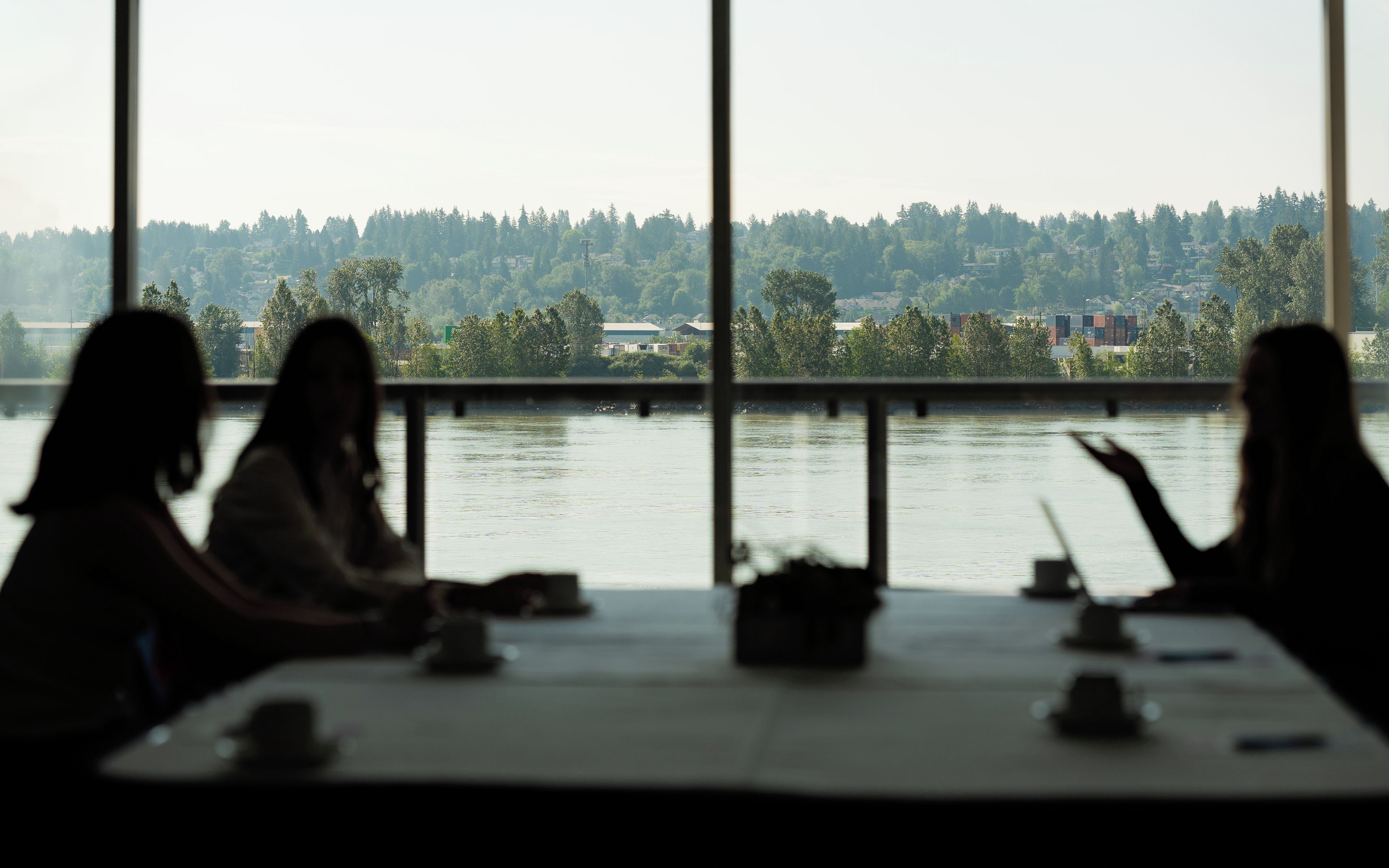 A view through a window with a table and chairs facing a body of water and a forested area.