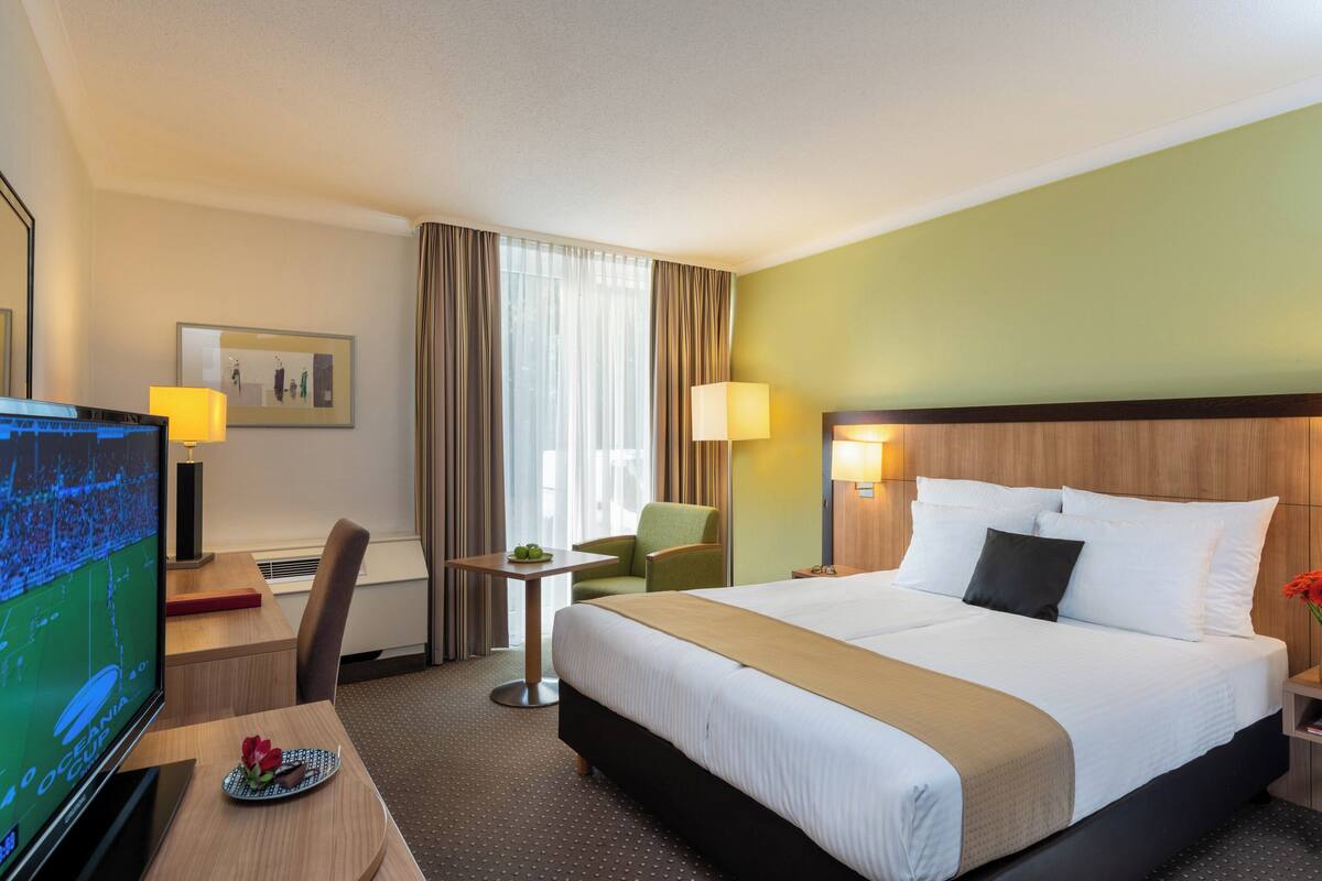 Habitación de hotel con una cama grande, un escritorio con televisor, una silla, una mesita con planta y una lámpara.