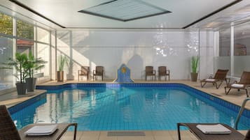 Indoor pool, seasonal outdoor pool, pool loungers