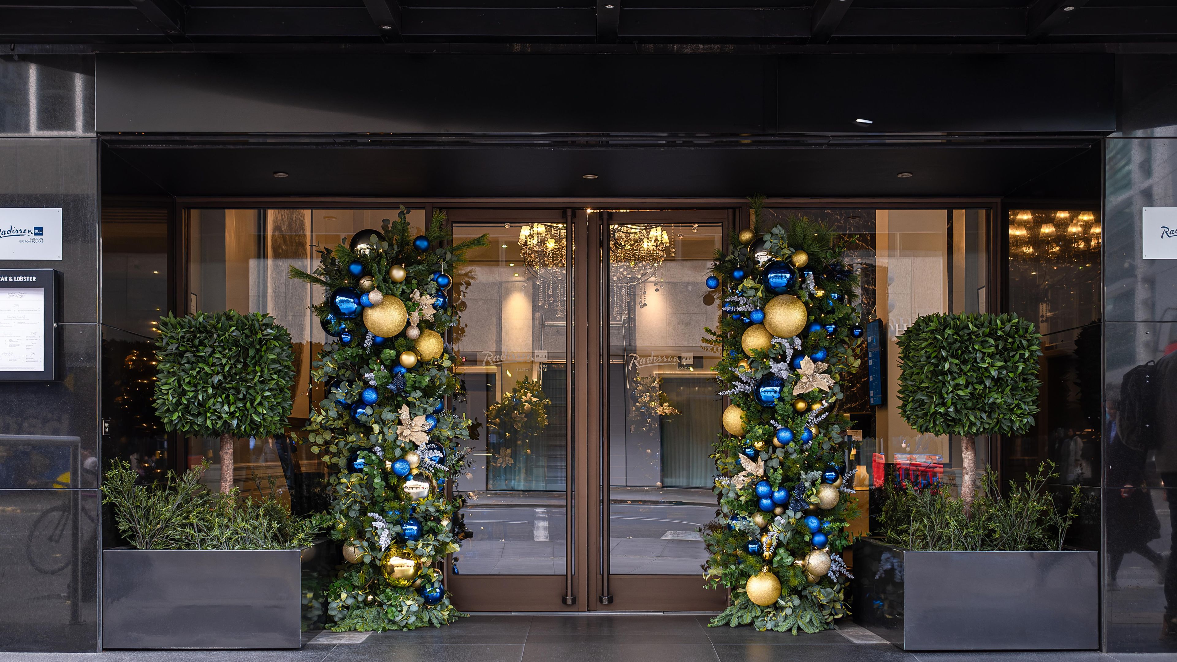 Een hotelentree met een glazen deur, een kerstboom en een bord met Radisson erop.