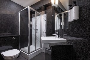 Shower, eco-friendly toiletries, hair dryer, towels