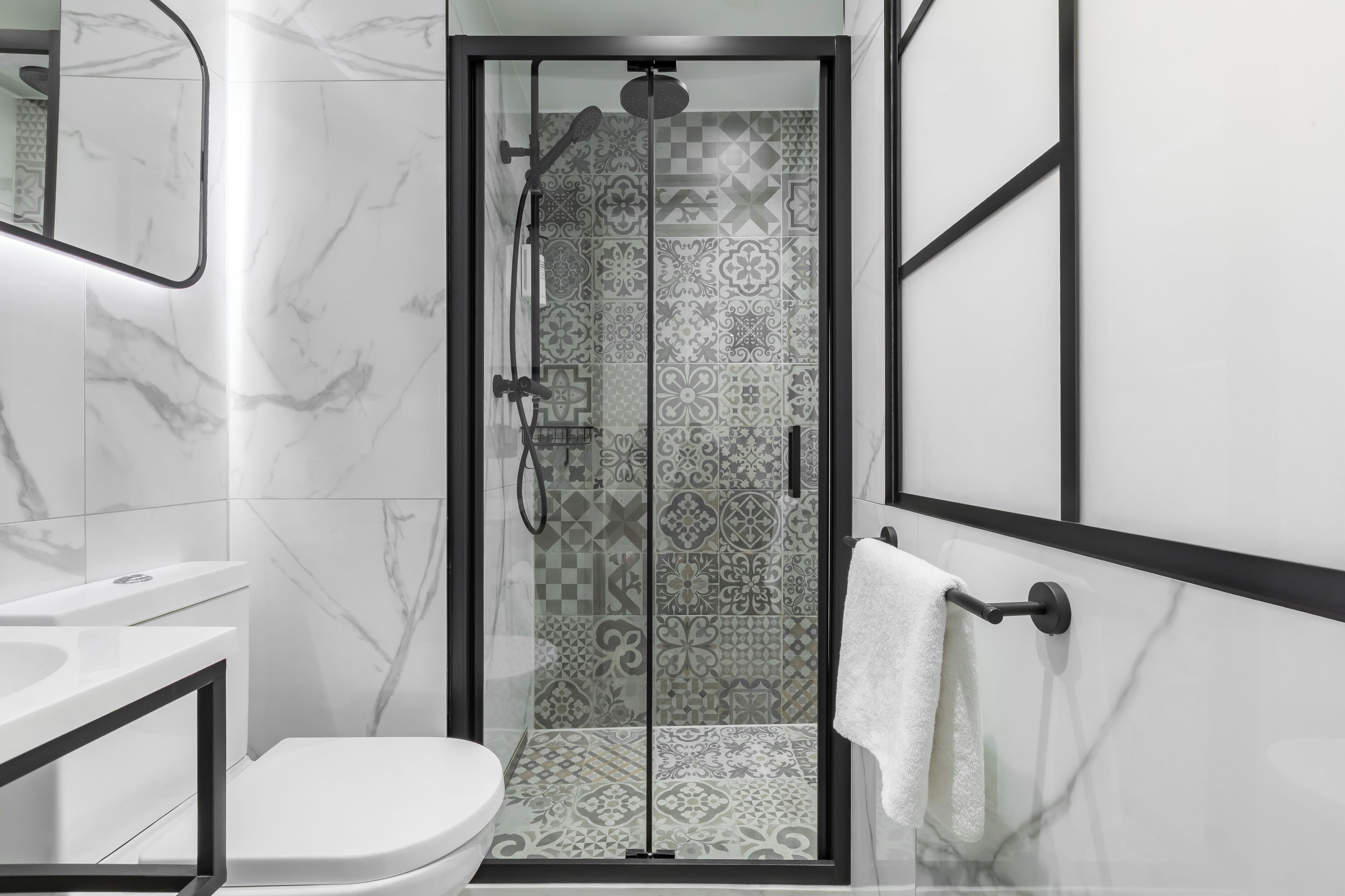 Shower, eco-friendly toiletries, hair dryer, towels