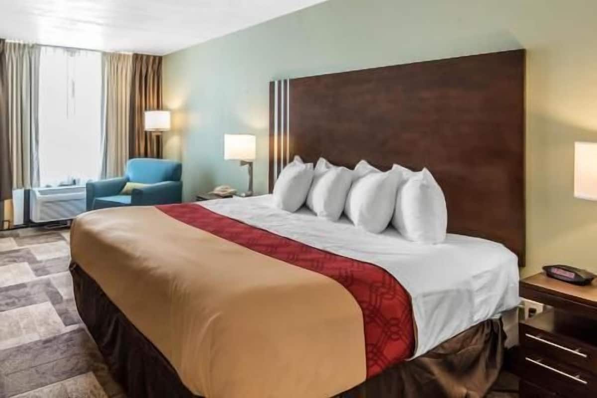 Habitación de hotel con una cama grande, un escritorio, una silla y dos lámparas de noche.