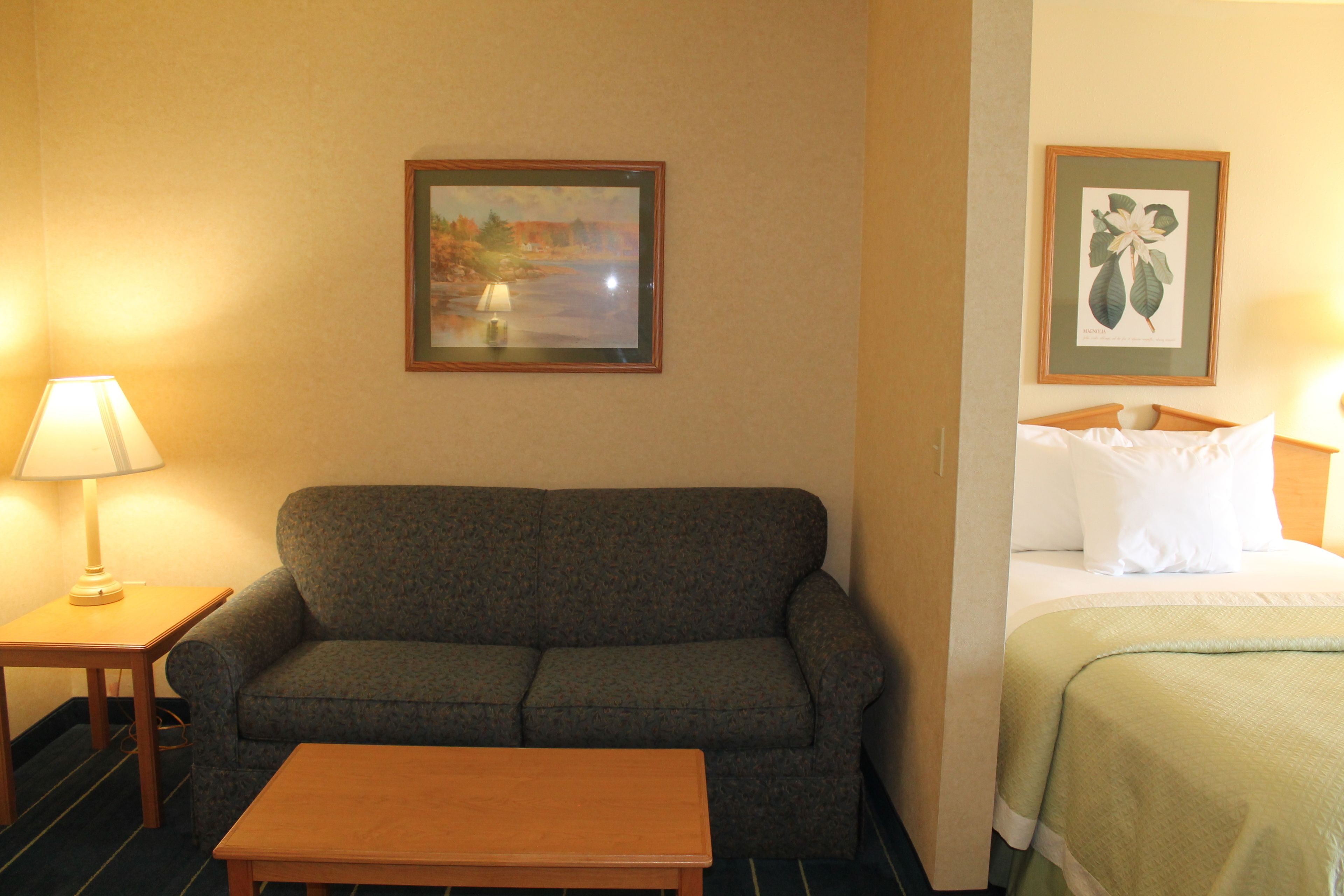 Habitación de hotel con sofá, una mesita, cama con manta verde y dos cuadros en la pared.