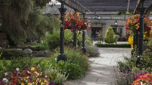 Un vialetto di giardino con cesti di fiori pensili e vegetazione curata.