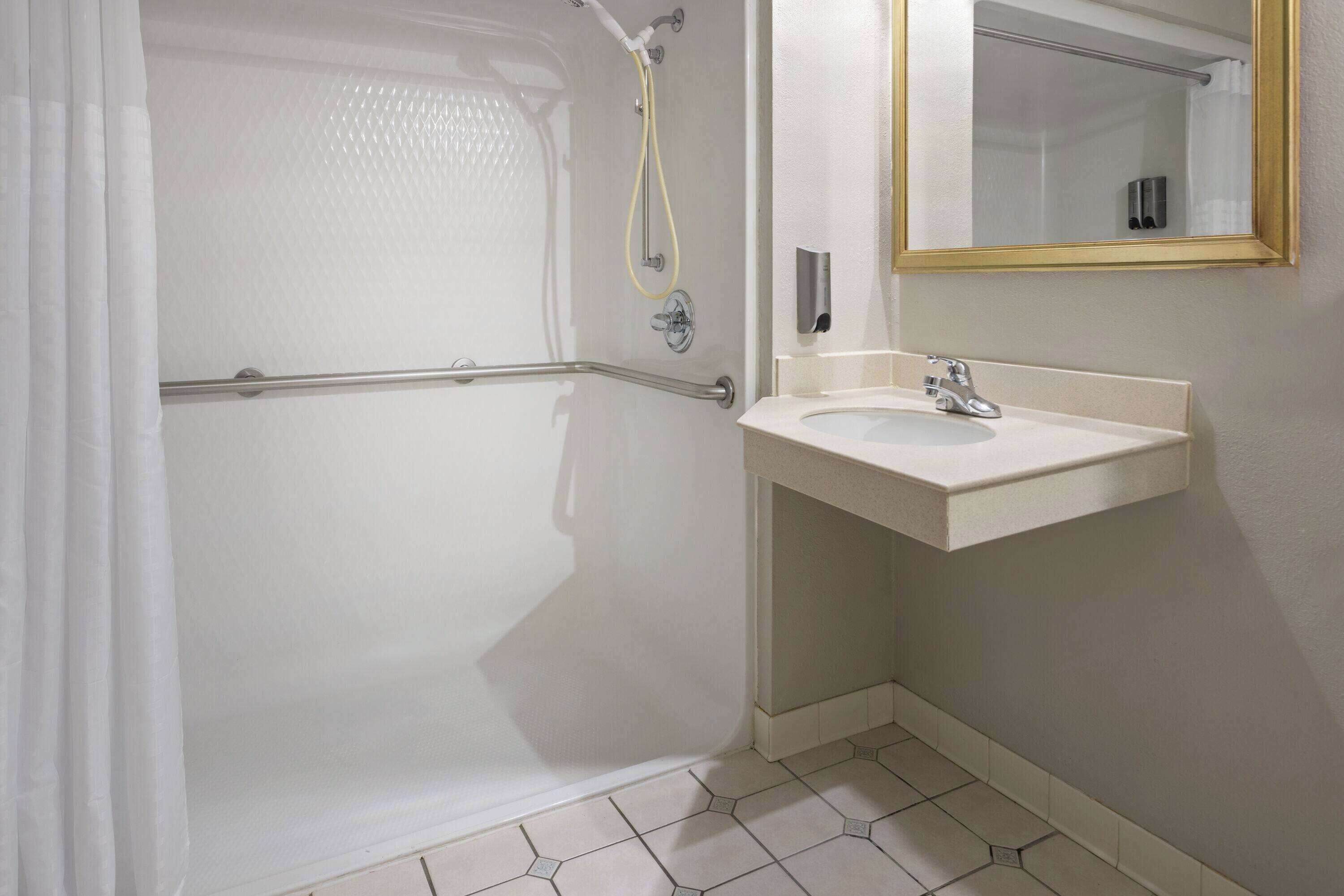 A bathroom with a shower, a sink, and a mirror.