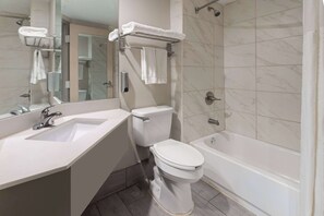 Combined shower/tub, eco-friendly toiletries, hair dryer, towels