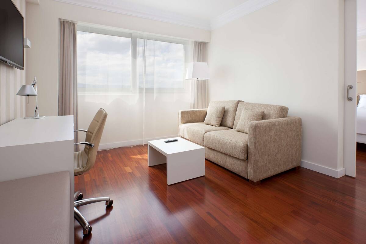 Une chambre d’hôtel avec un canapé, une petite table, une télévision, une lampe et un lit.