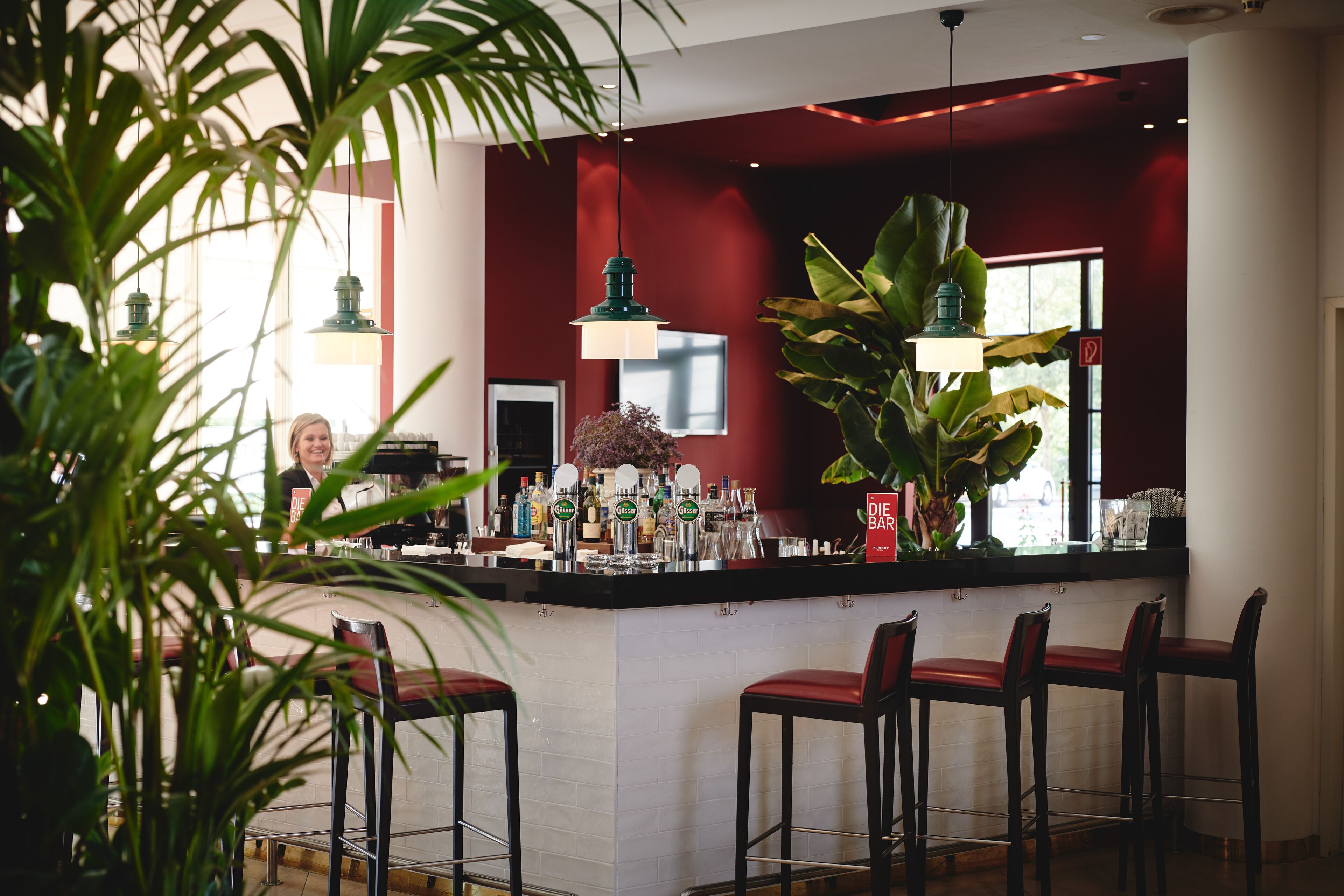 A bar area with a counter, stools, and a bartender.