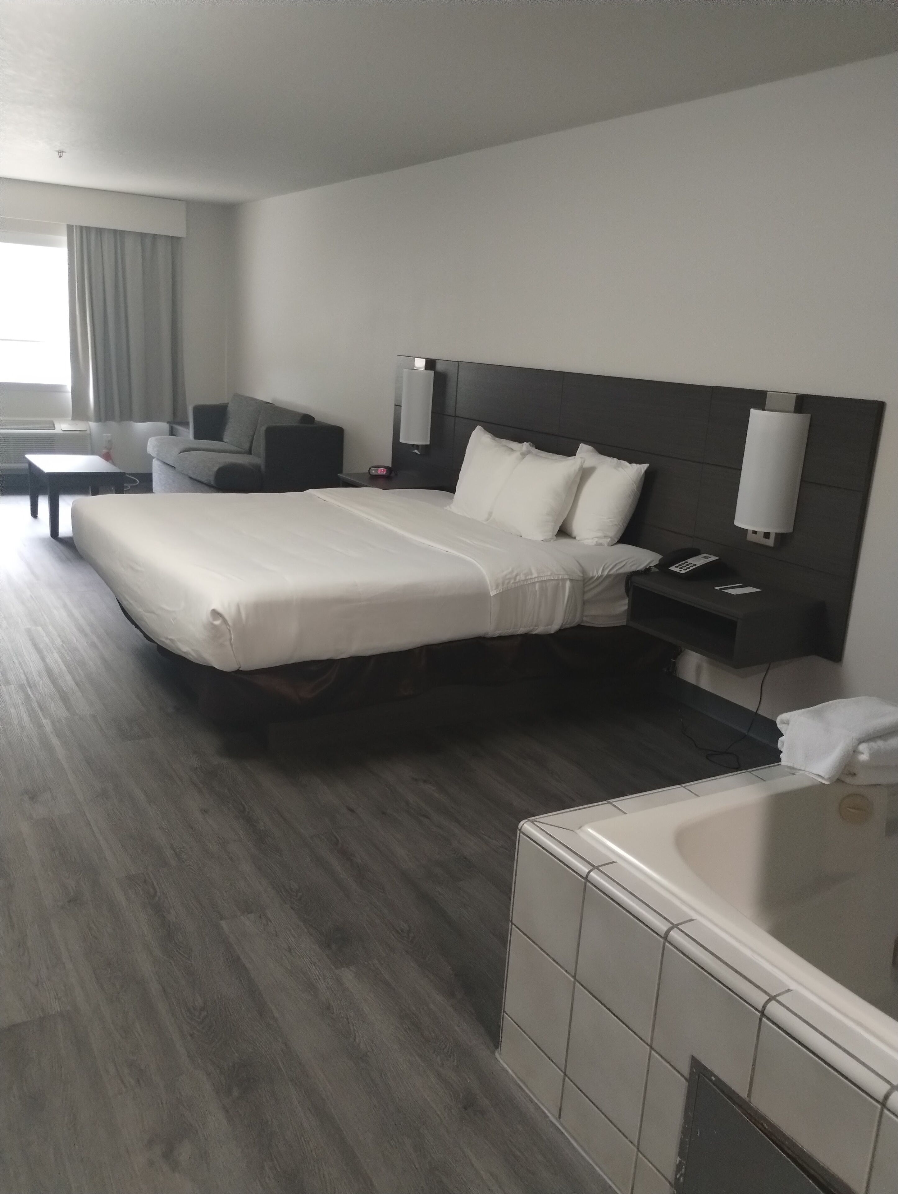 A hotel room with a bed, a sofa, a desk, a nightstand, a lamp, a phone, and a bathtub.