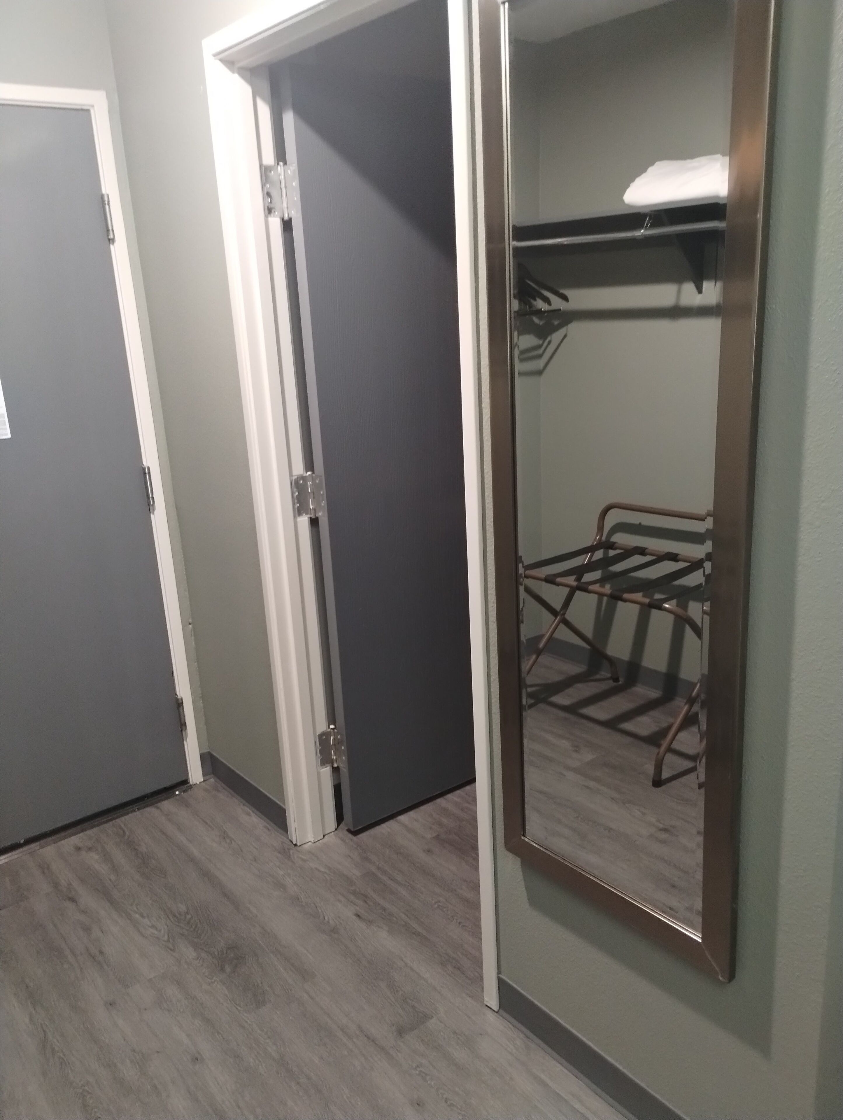Une pièce avec une porte grise, une armoire avec un miroir et un étendoir métallique.