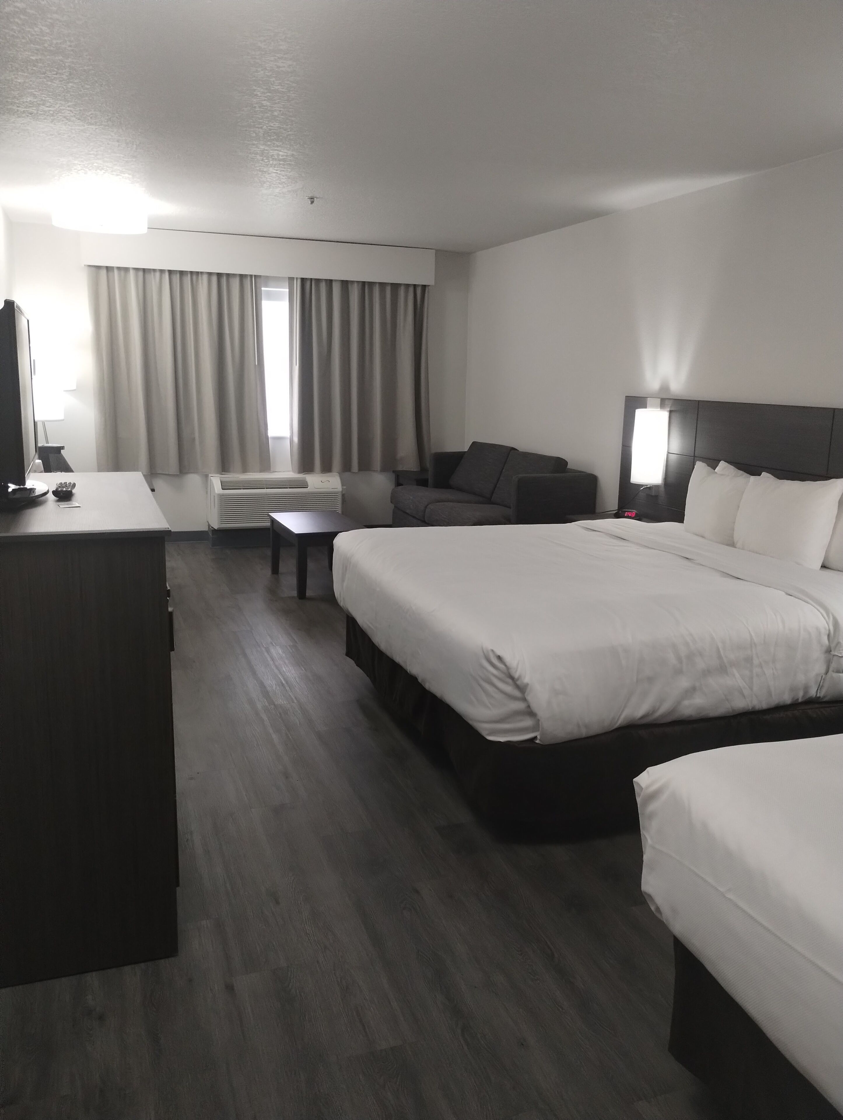 A hotel room with a large bed, a desk, a chair, a sofa, and a TV.