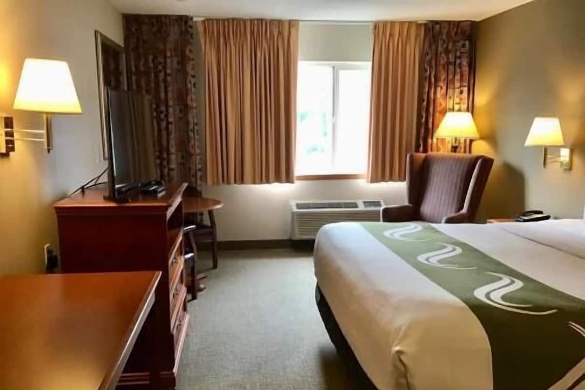 A hotel room with a bed, a desk, a chair, a television, and a window with curtains.