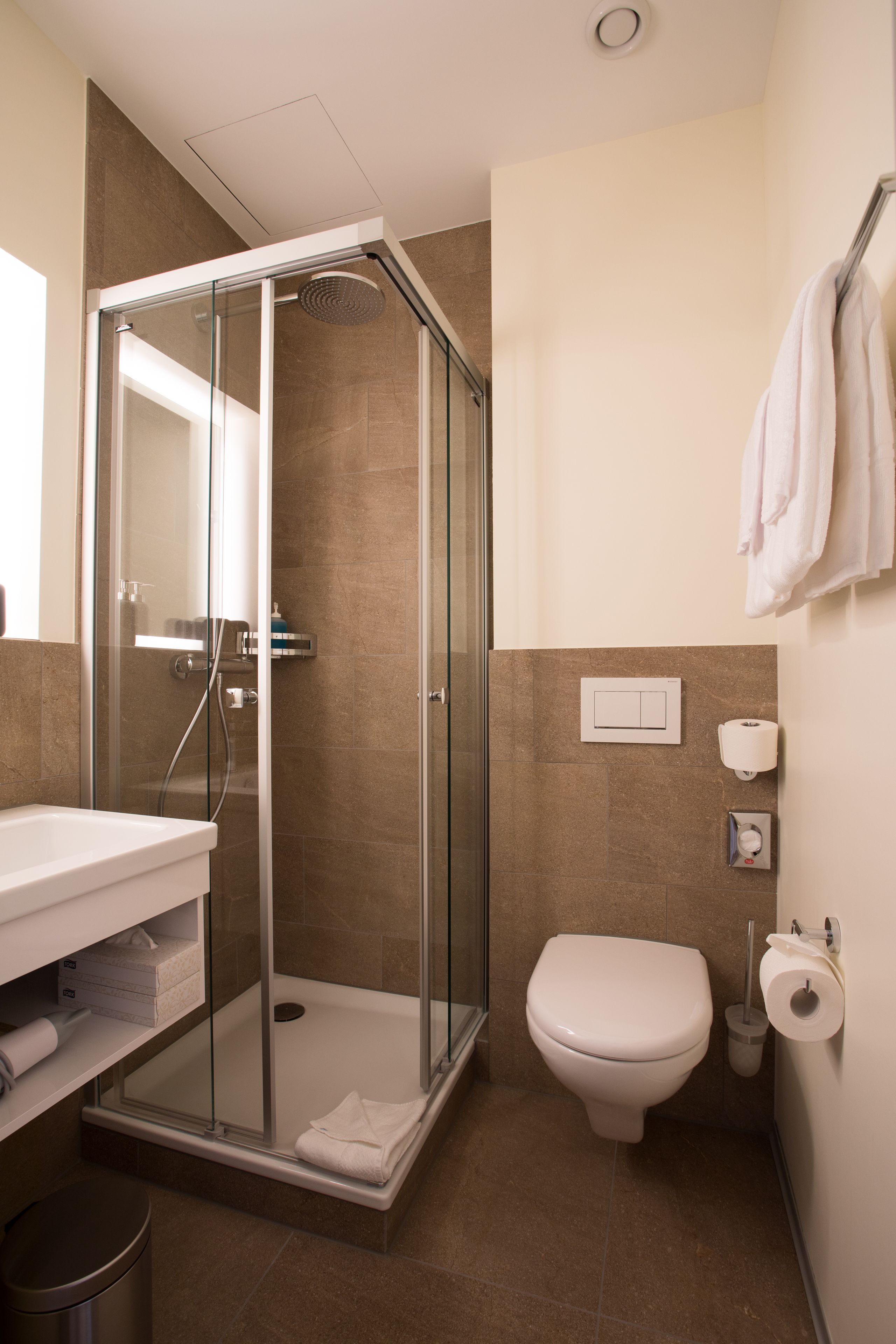 A modern bathroom with a glass shower enclosure, a toilet, a sink, and a towel rack.