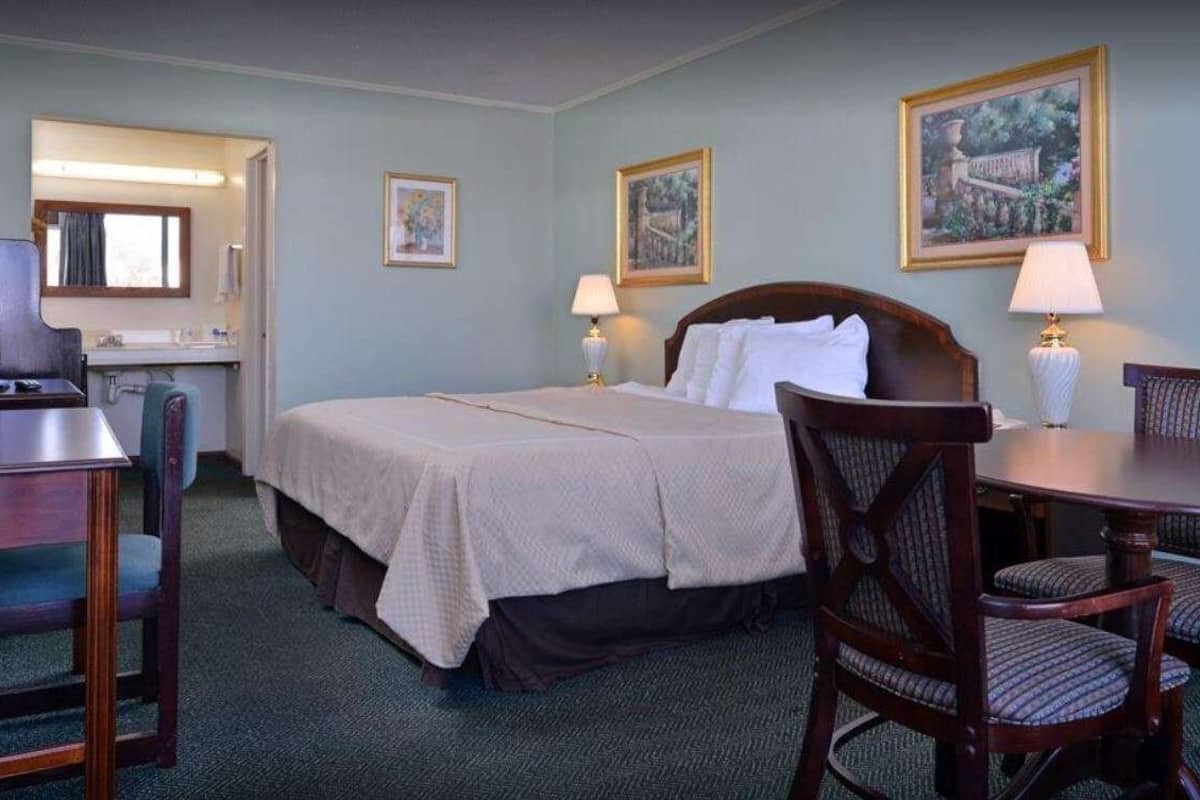 A hotel room with a bed, a desk, a chair, a dining table, and two lamps.