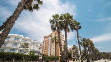 Un hotel con varios pisos, un balcón en el segundo piso y una calle bordeada de palmeras.