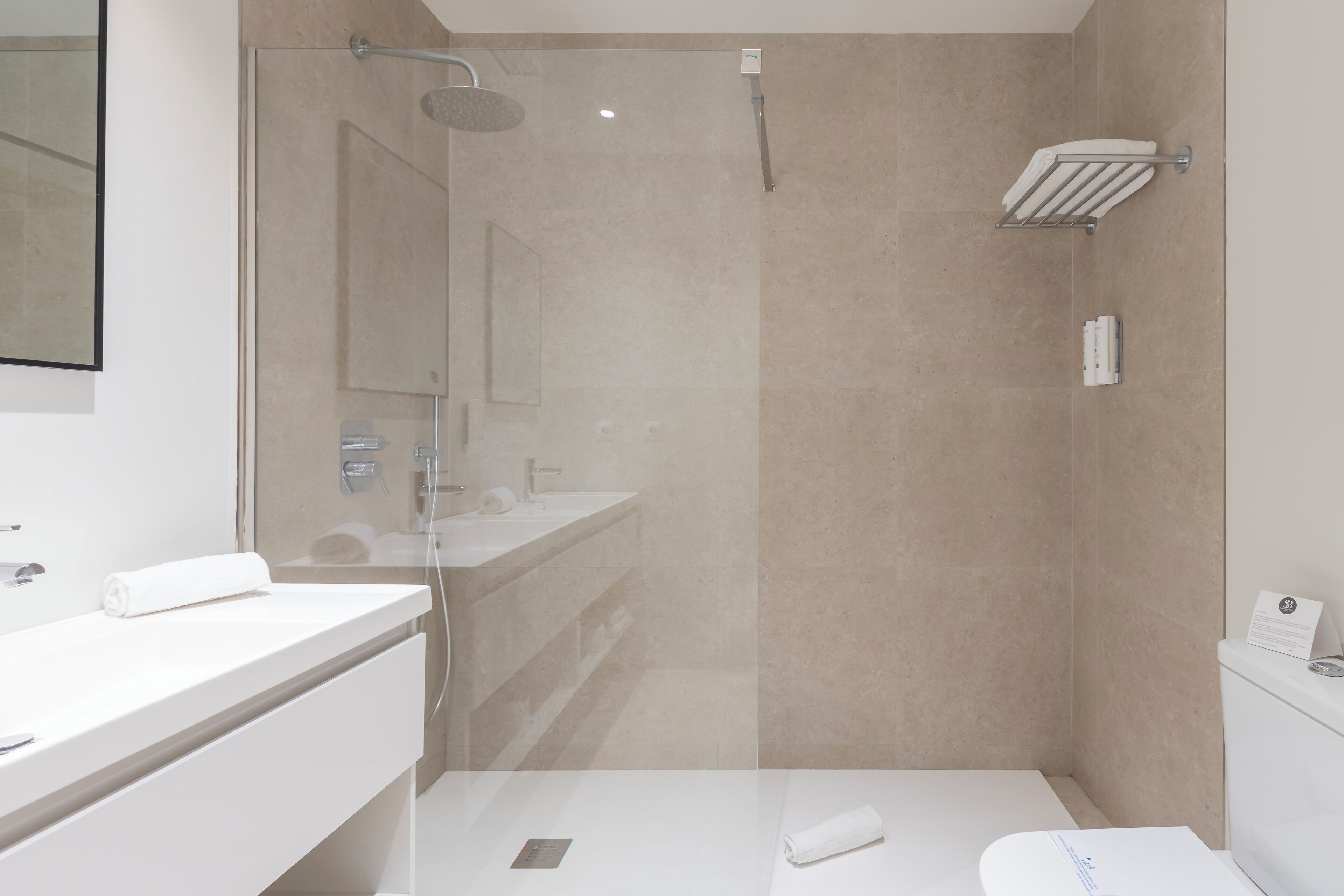 Un baño moderno con ducha envuelta en vidrio, un lavabo blanco y un inodoro.