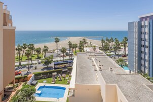 Outdoor pool, pool umbrellas, pool loungers
