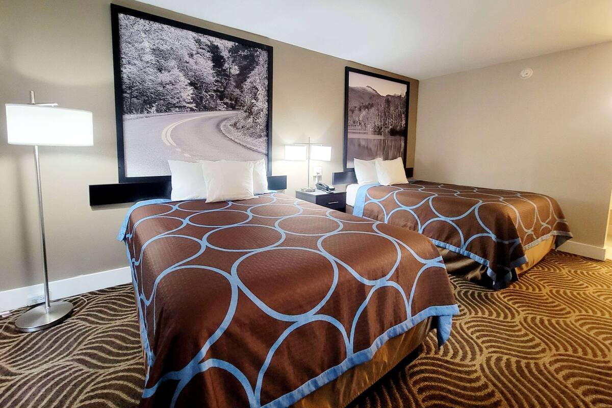 Habitación de hotel con dos camas, un ventanal grande y un cuadro que muestra un camino y árboles.