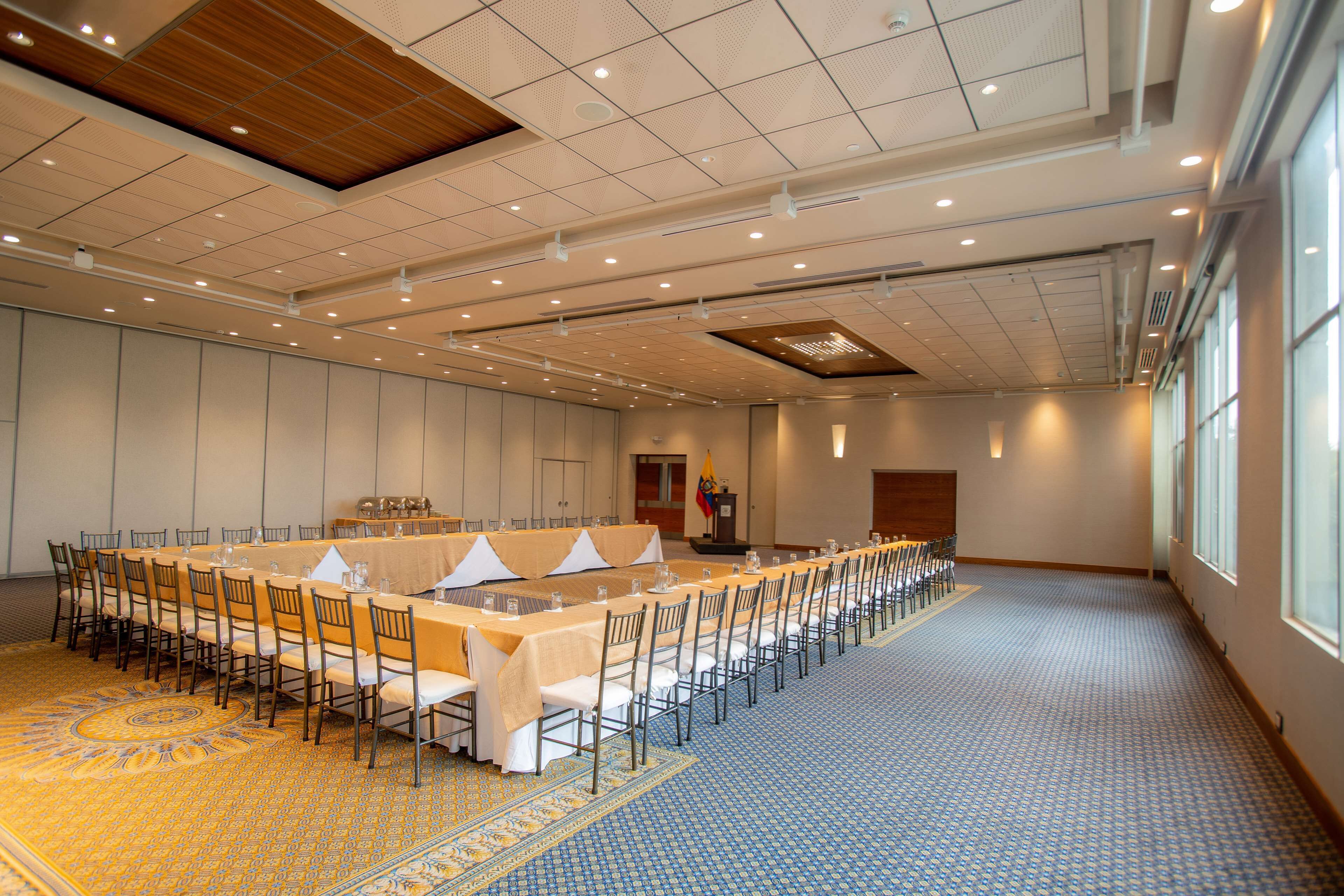 A large conference room with a long table, rows of chairs, and a patterned carpet.