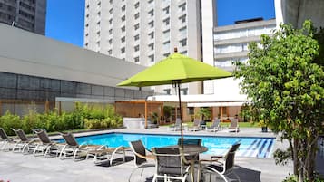 Outdoor pool, open 8:00 AM to 8:00 PM, pool umbrellas, pool loungers