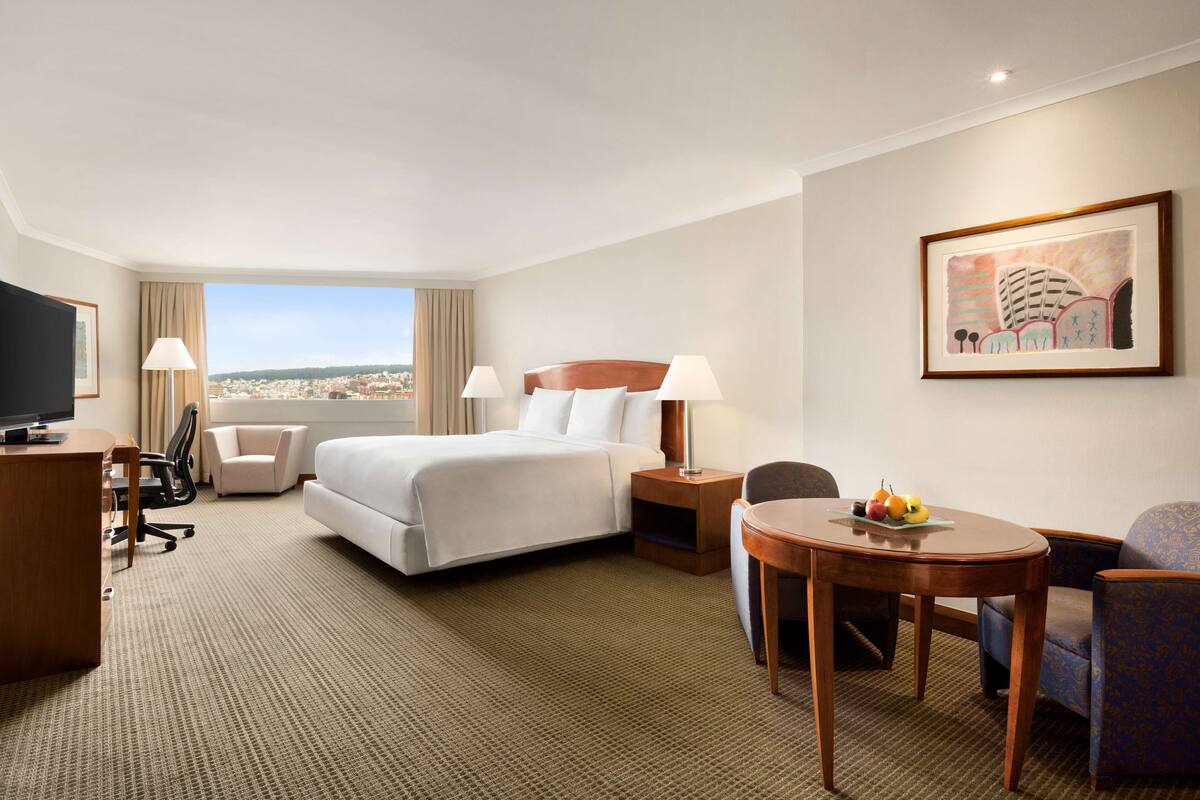 A hotel room with a bed, a desk, a chair, a small table with fruit, a TV, and a city view.